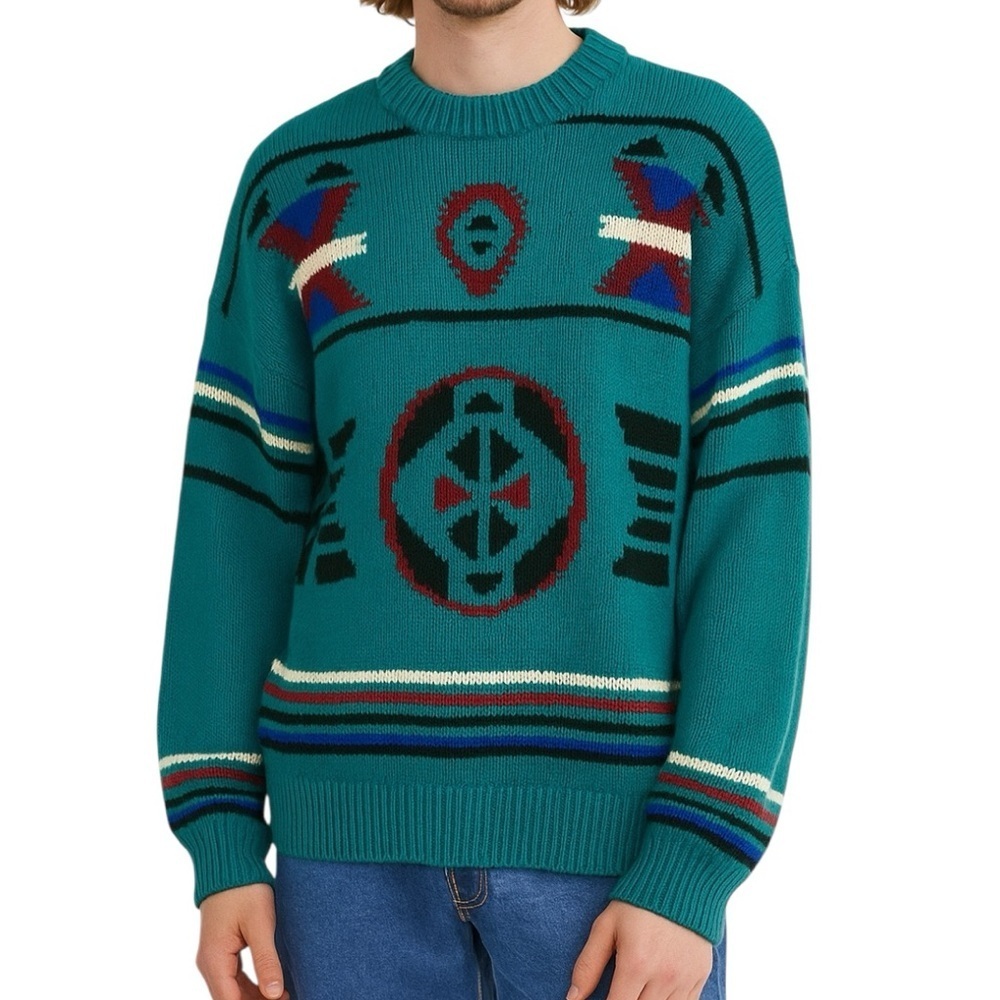 Vintage 90s Oakton Aztec All Over Print Grandpa Aesthetic Teal Knit Sweater